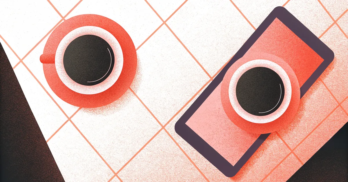 Illustrated overhead view of a café table with two coffee cups reaching coral light threads toward each other across a face-down phone, the threads stopping just short of connecting