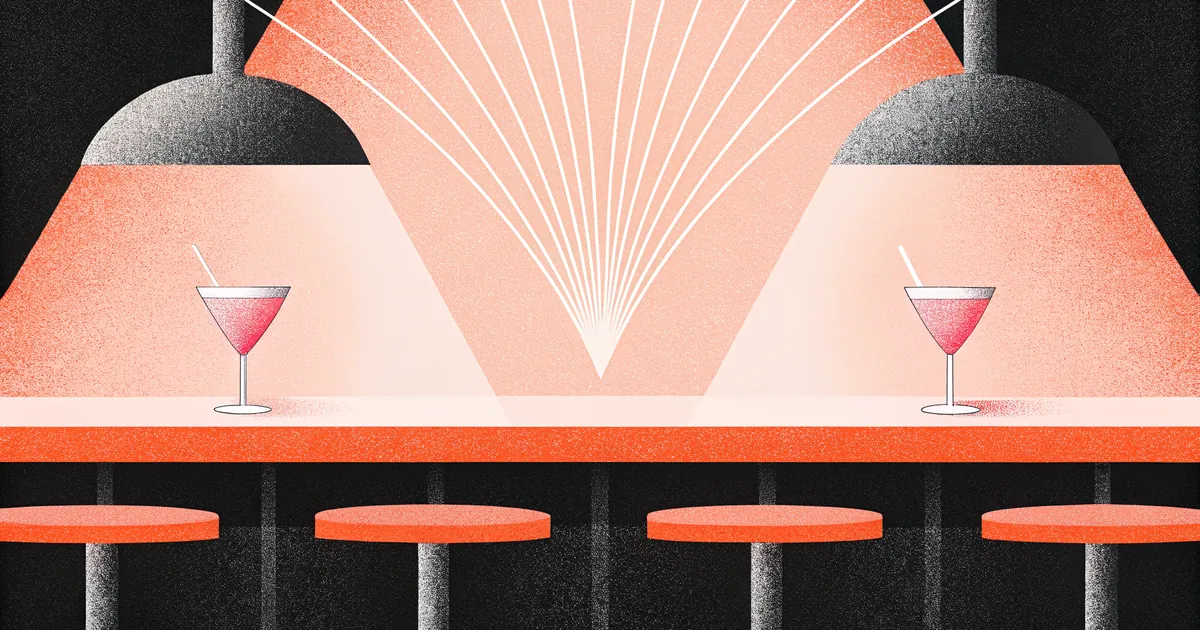Illustrated dimly lit bar with two cocktail glasses connected by glowing salmon-coral threads of light arcing across the counter