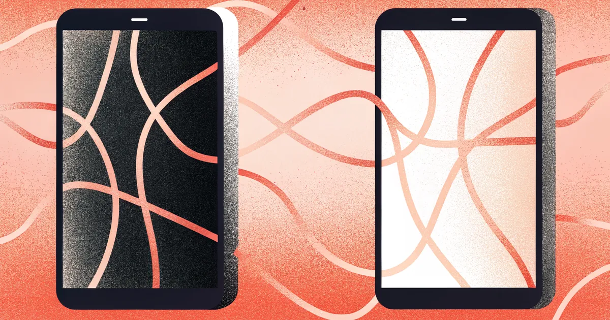 Illustrated phonedissolving into paper texture with broken coral threads, beside a warm bar doorway with intact coral light threads drifting into the night