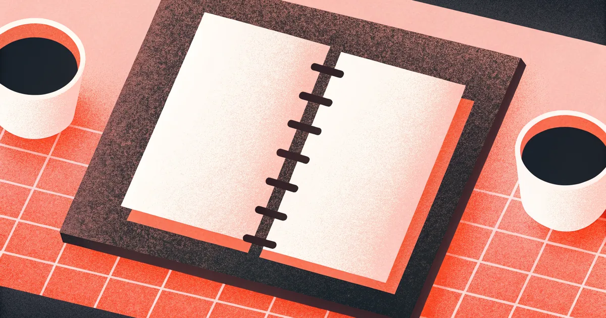 Illustrated diner counter with a single academic journal page connected by thin coral light threads to three empty coffee mugs