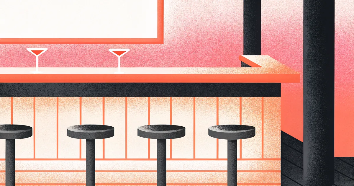 Illustrated bar counter at dusk with two cocktail glasses several stools apart, connected by thin coral threads of light arcing between them