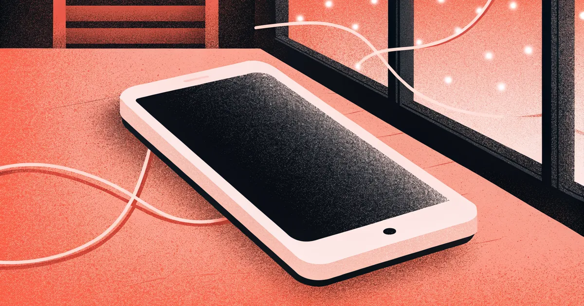 Illustrated smartphone on a café table with salmon-coral light threads reaching through a window toward a warm street scene