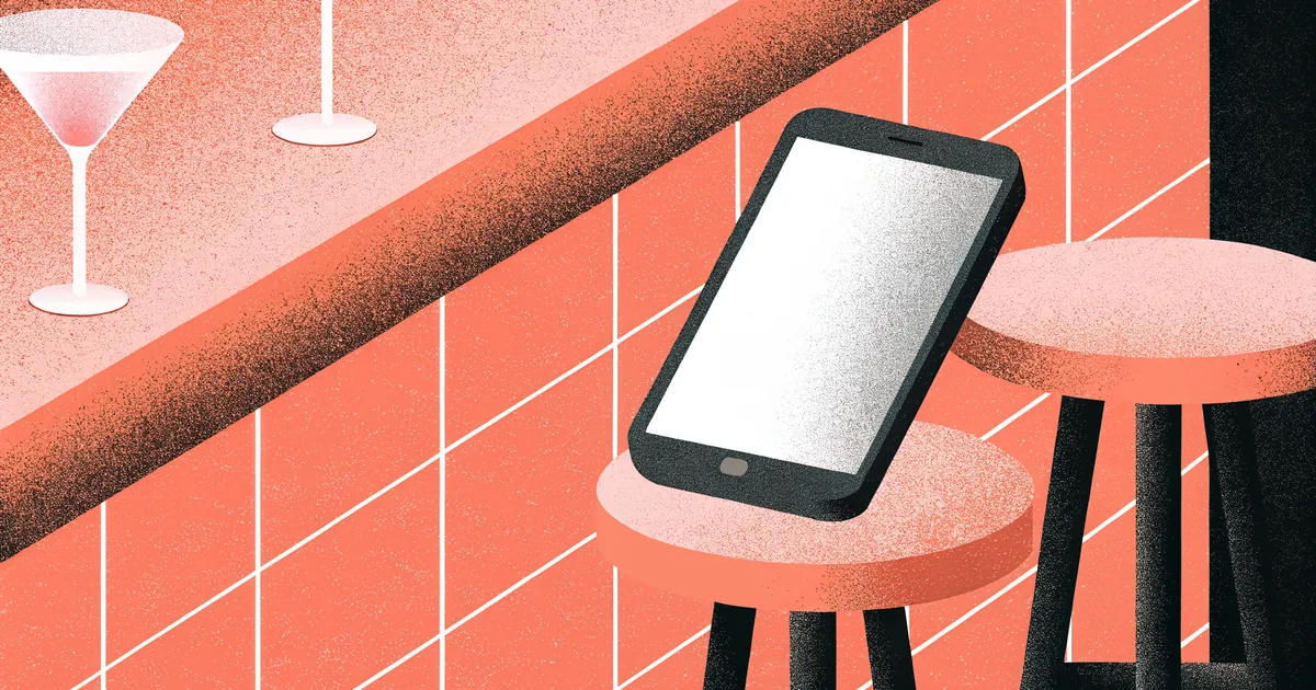 Illustrated bar counter with a face-down smartphone trailing fading coral light threads while two cocktail glasses nearby are connected by a single bright coral thread