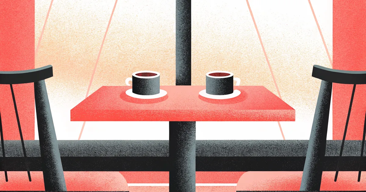 Illustrated cafe table with two coffee cups connected by thin coral-colored threads of light