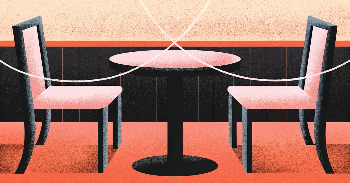 Illustrated cafe scene with two empty chairs facing each other, connected by delicate coral-colored threads of light stretching across the gap between them