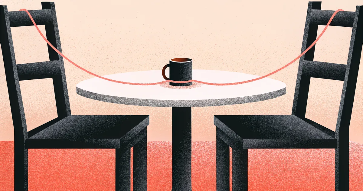 Illustrated cafe table with two empty chairs facing each other, coffee cups on each side connected by delicate coral-colored threads of light stretching across the gap