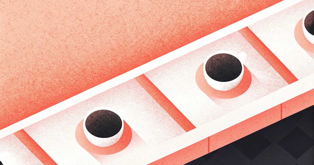 Illustrated overhead view of a café counter with two coffee cups sitting apart, connected by a delicate coral-colored thread of light stretching between them